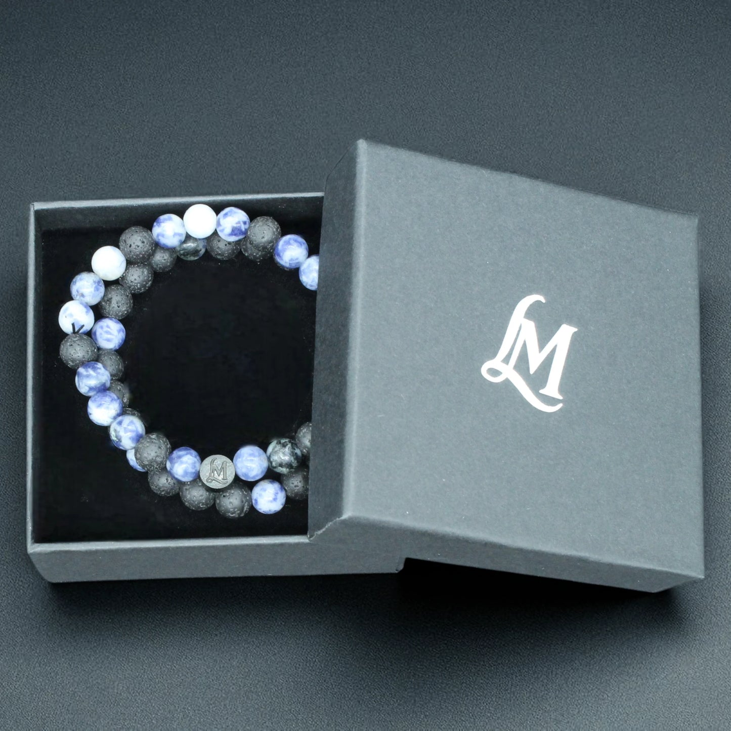 Bracelet perles homme – Lave + Jaspe bleu tacheté (duo inversé) | MenacL