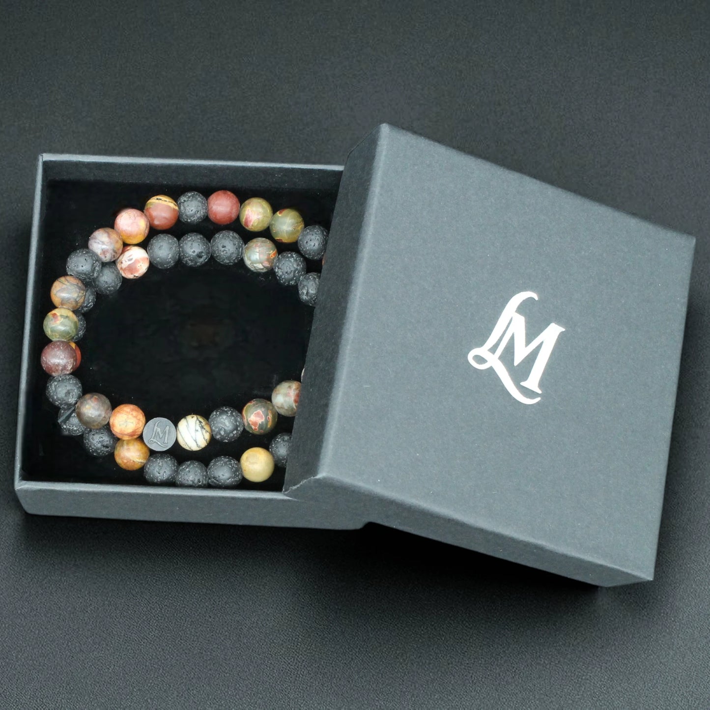 Bracelet perles homme – Lave + Jaspe Picasso rouge (duo inversé) | MenacL