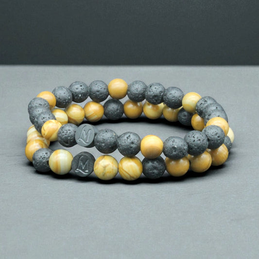 Bracelet perles homme – Lave + Bois rayé jaune (duo inversé) | MenacL