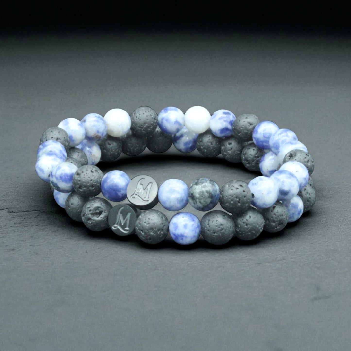 Bracelet perles homme – Lave + Jaspe bleu tacheté (duo inversé) | MenacL