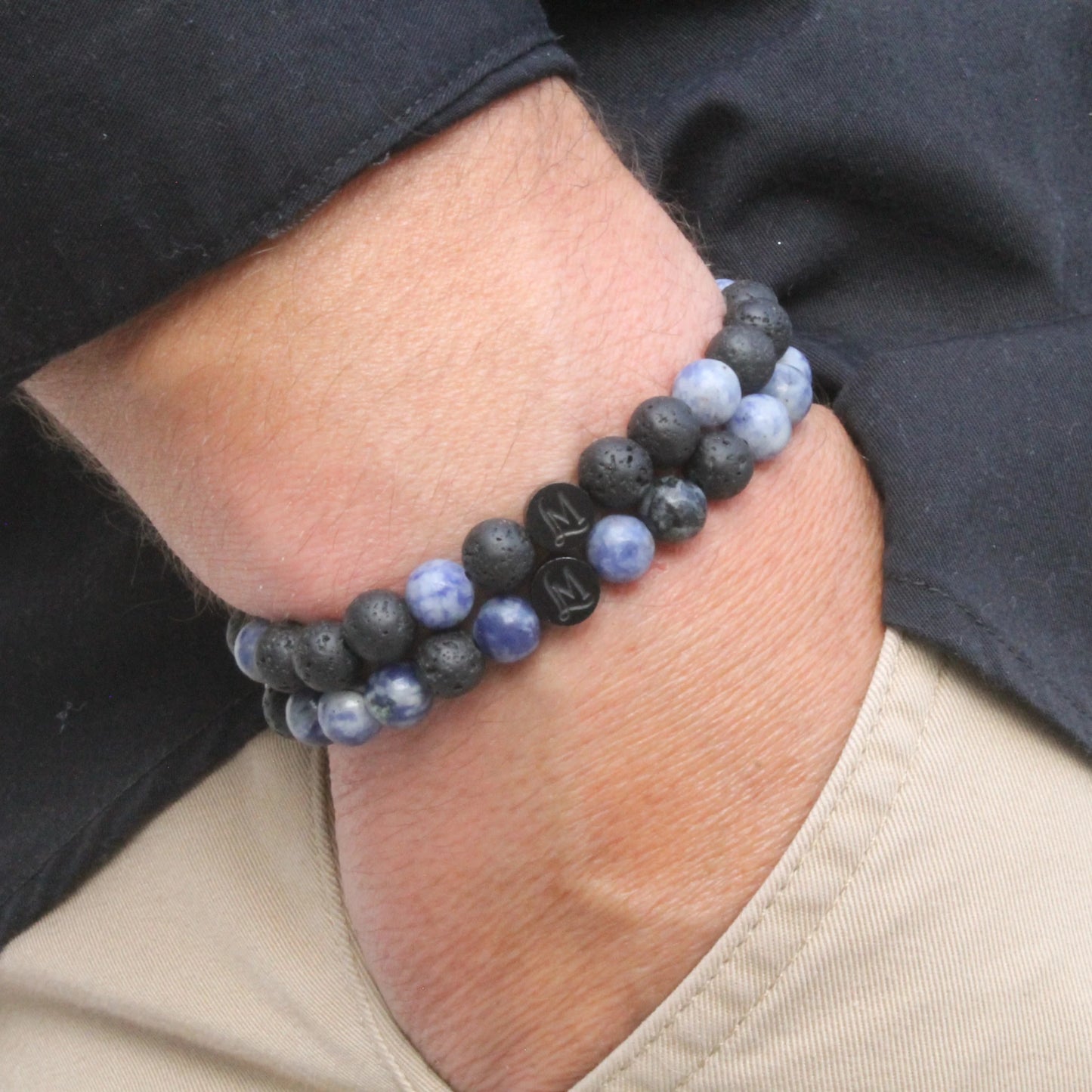 Bracelet perles homme – Lave + Jaspe bleu tacheté (duo inversé) | MenacL