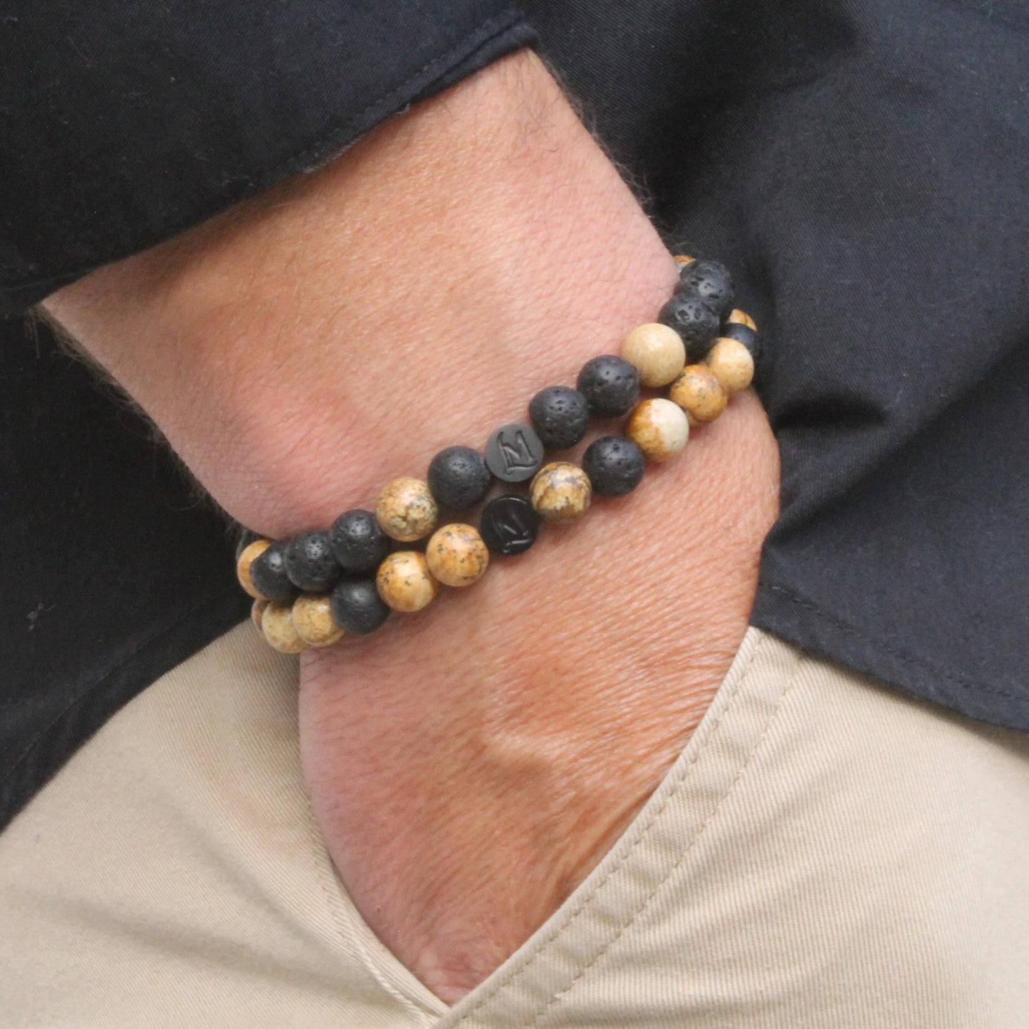 Bracelet perles homme – Lave + Jaspe (duo inversé) | MenacL