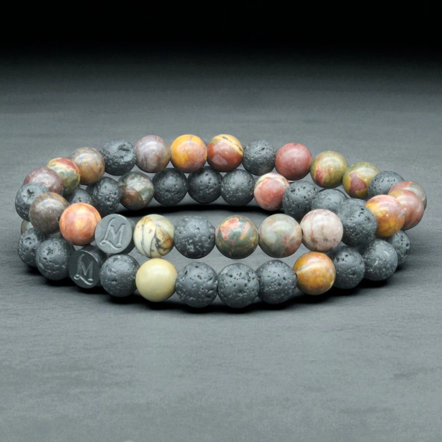 Bracelet perles homme – Lave + Jaspe Picasso rouge (duo inversé) | MenacL