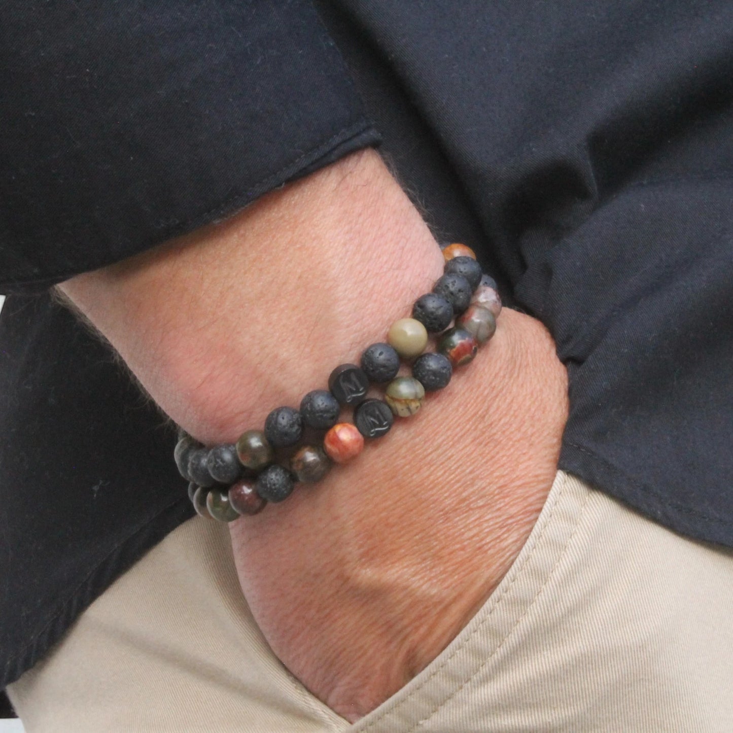 Bracelet perles homme – Lave + Jaspe Picasso rouge (duo inversé) | MenacL