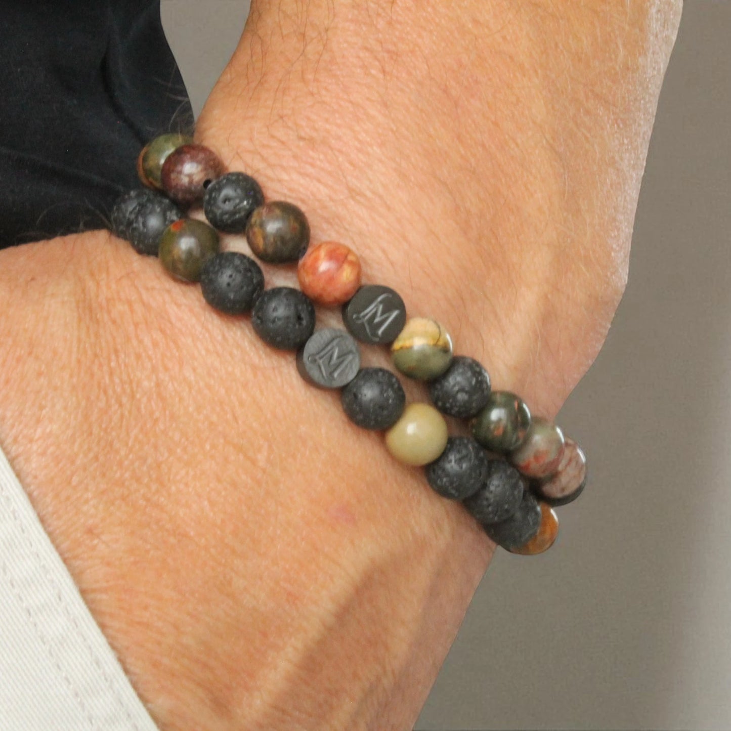 Bracelet perles homme – Lave + Jaspe Picasso rouge (duo inversé) | MenacL